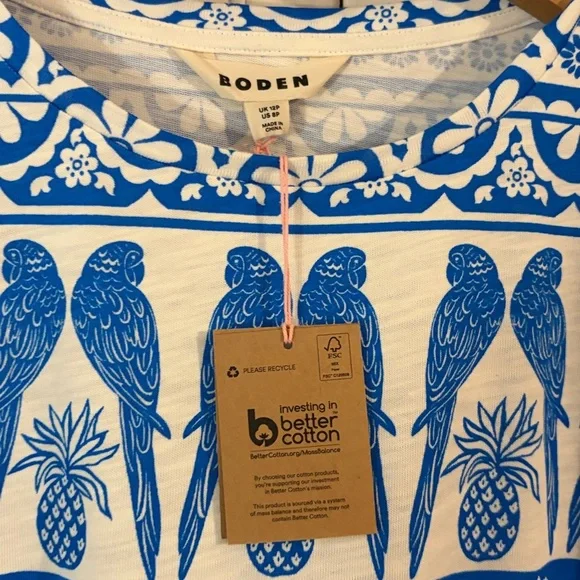 Boden Leah Jersey Cotton T-shirt Dress cerulean blue ornate tropic NWT SZ 8P - Picture 5 of 7